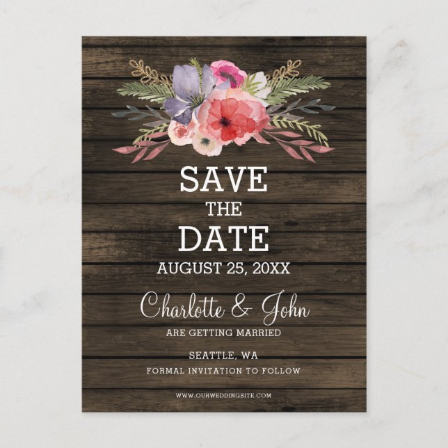 barn wood floral rustic country save the date announcement postcard (Front)