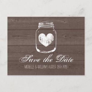 Barn wood grain mason jar save the date cards
