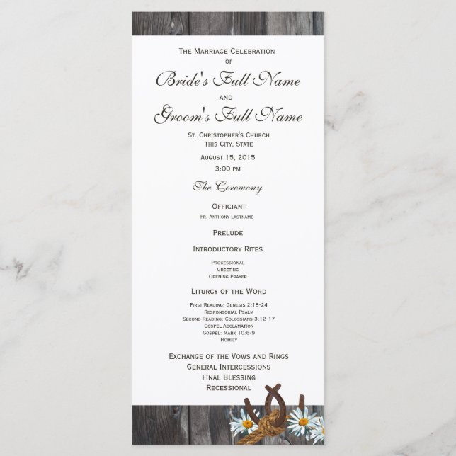 Barn Wood Horseshoes and Daisy Wedding Program (Front)
