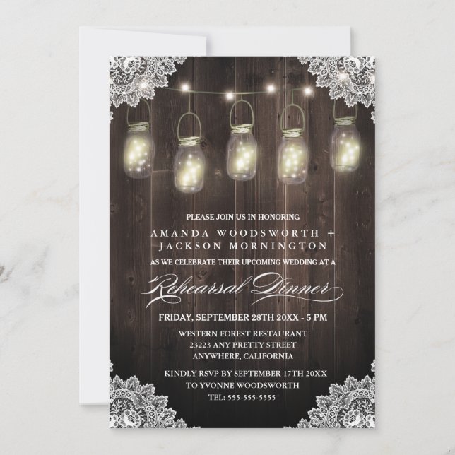 Barn Wood Lace Mason Rehearsal Dinner Invitations (Front)