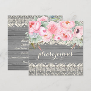 Barn Wood Lace Peonies Anemones Watercolor Invitation