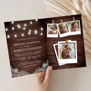 Barn Wood Lace String Lights Photo QR Code Wedding Invitation