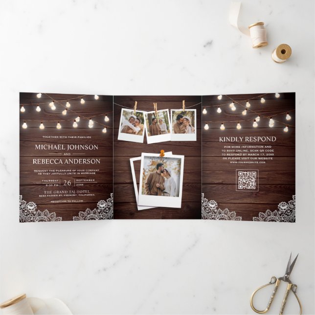 Barn Wood Lace String Lights Photo QR Code Wedding Tri-Fold Invitation (Inside)
