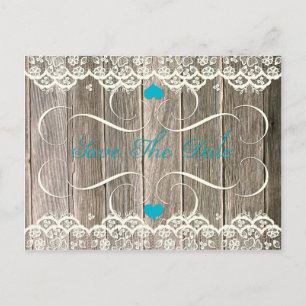 Barn Wood Lace Teal Hearts Swirls Save The Date Announcement Postcard