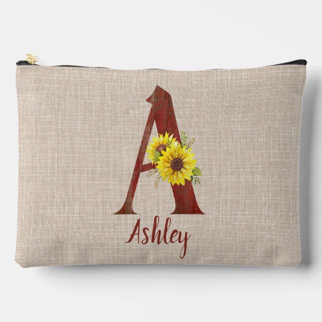 Barn Wood Letter A & Sunflowers Personalized  Accessory Pouch (Front)