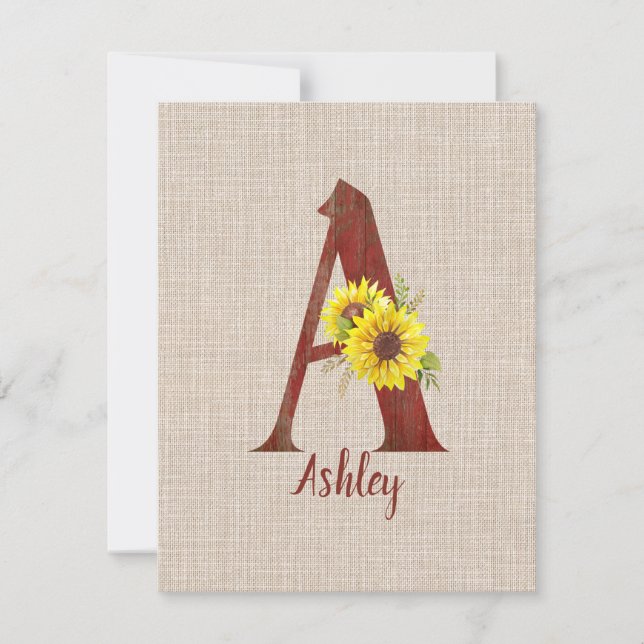 Barn Wood Letter A & Sunflowers Personalized  Card (Front)