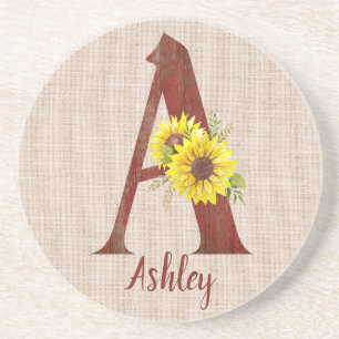Barn Wood Letter A & Sunflowers Personalized  Coaster