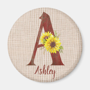 Barn Wood Letter A & Sunflowers Personalized   Magnet
