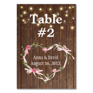 Barn Wood Light String with Heart Ribbon Table Number
