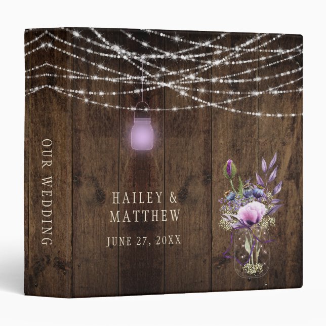 Barn Wood Mason Jar Lights Violet Flowers Wedding Binder (Front/Spine)