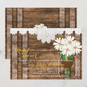Barn Wood Mason Jar - White Daisies Bridal Shower Invitation
