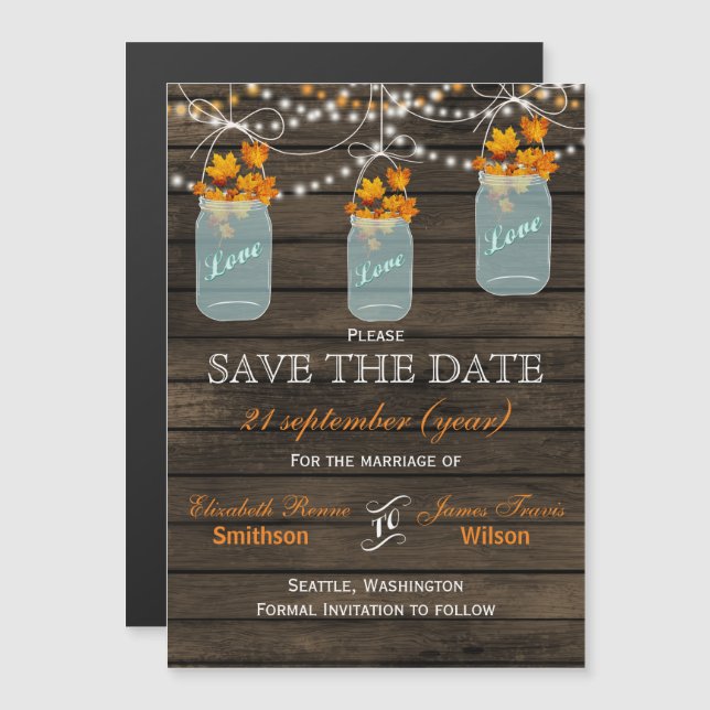 Barn wood mason jars maple fall save the date magnetic invitation (Front/Back)
