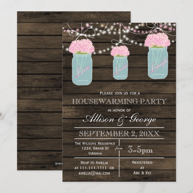 Barn wood mason jars rustic housewarming invitation (Front/Back)
