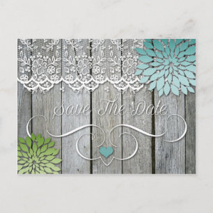 Barn Wood Modern Teal Green Petals Save The Date Announcement Postcard