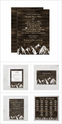Barn Wood mountain scene wedding invitations Set