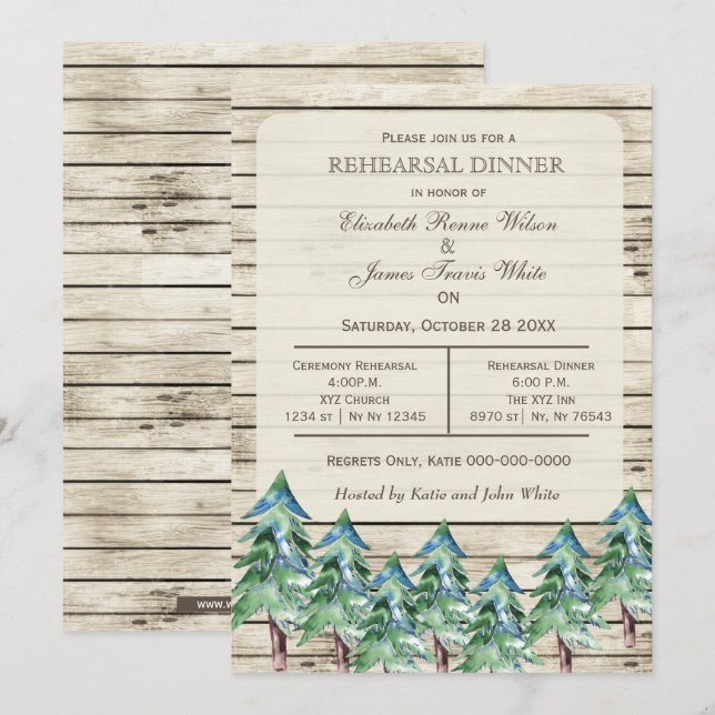 Barn wood pine trees winter rehearsal dinner invitation (Front/Back)