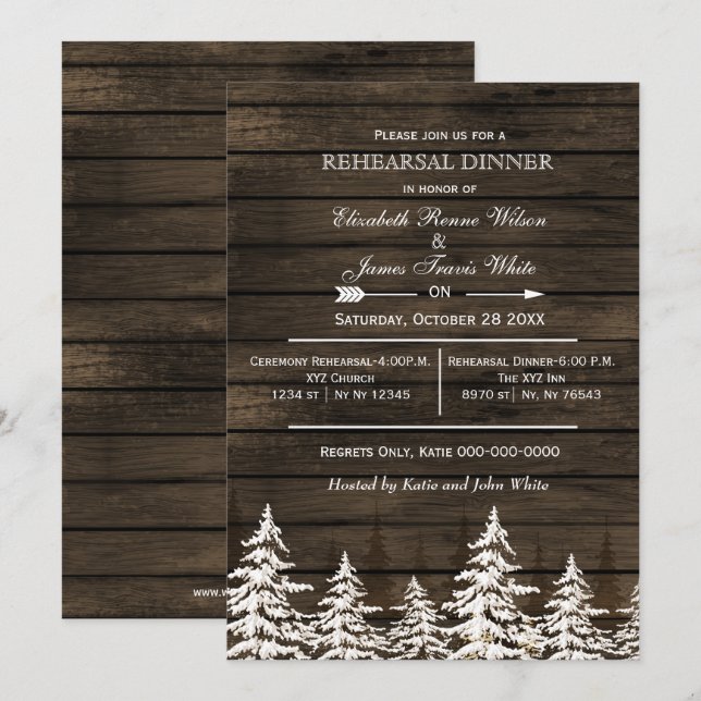 Barn wood pine trees winter rehearsal dinner invitation (Front/Back)