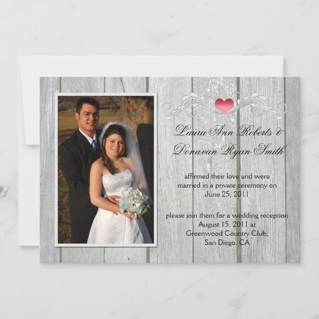 Barn Wood Pink Heart Photo After Wedding Invitation (Front)