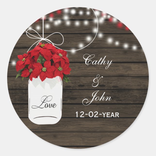 Barn wood poinsettias mason jar rustic wedding classic round sticker (Front)