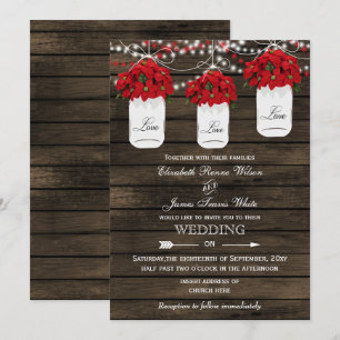 Barn wood poinsettias mason jar rustic wedding invitation