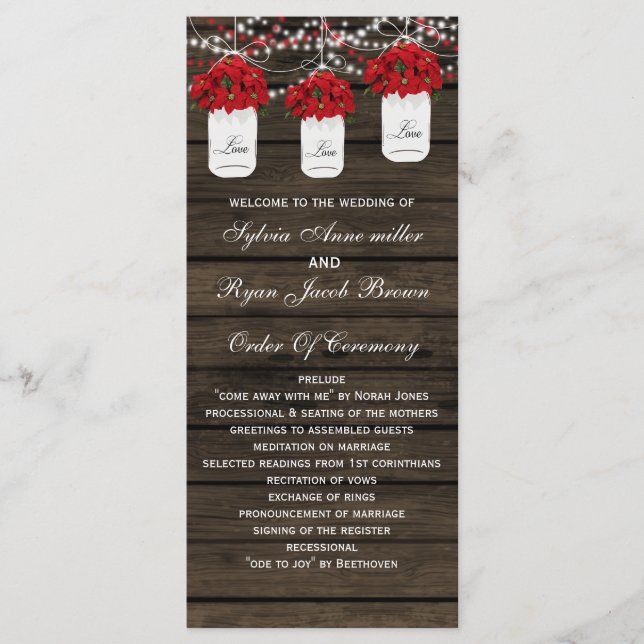 Barn wood poinsettias mason jar wedding programs (Front)