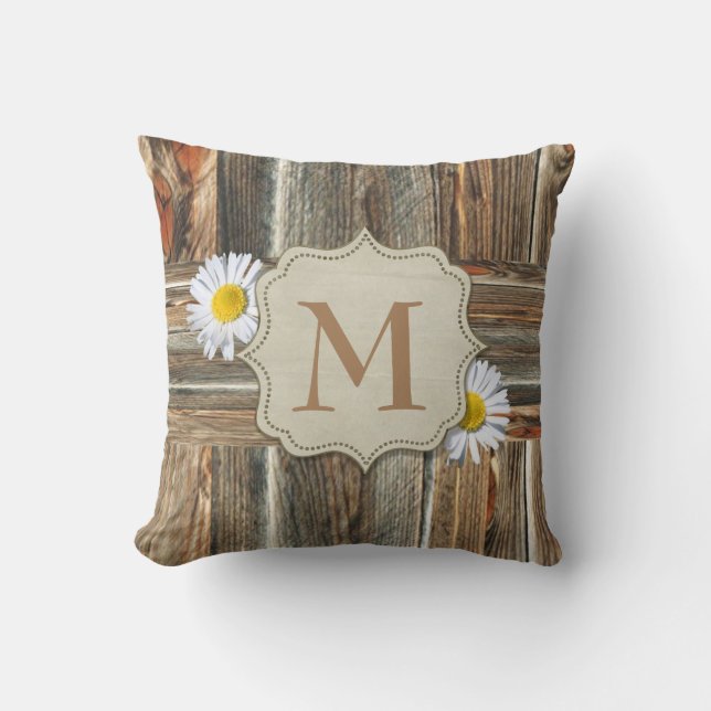Barn Wood Print Pillow With Daisies Personalize (Front)