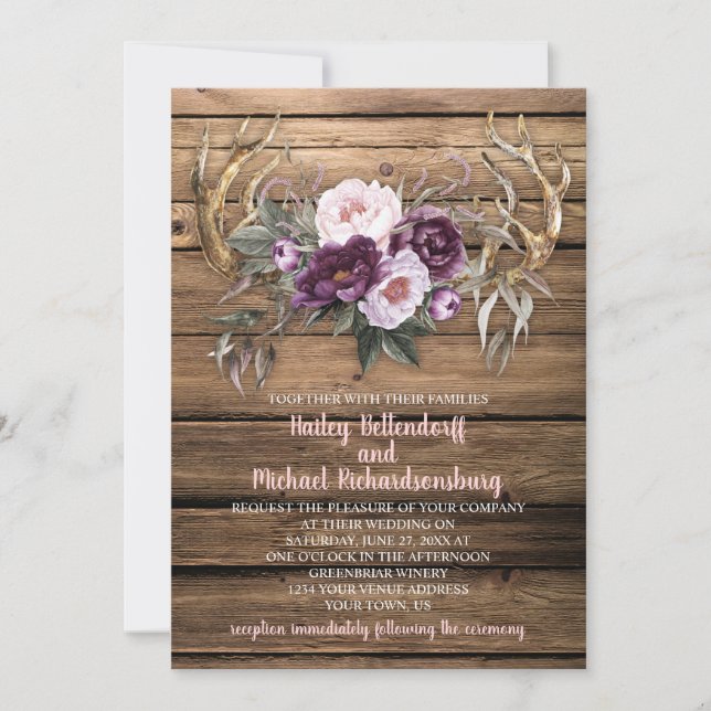 Barn Wood Purple Plum Peonies Antlers Wedding Invitation (Front)