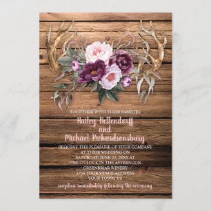 Barn Wood Purple Plum Peonies Antlers Wedding Invitation