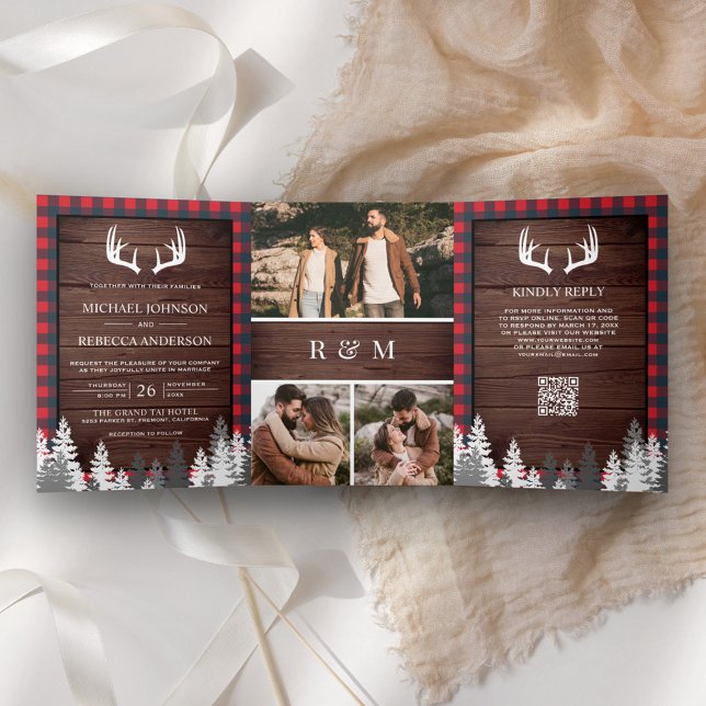 Barn Wood Red Buffalo Plaid Antler QR Code Wedding Tri-Fold Invitation (Creator Uploaded)
