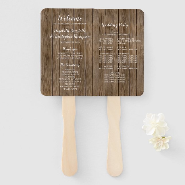 Barn Wood Rustic Calligraphy Wedding Program Hand Fan (Front and Back)