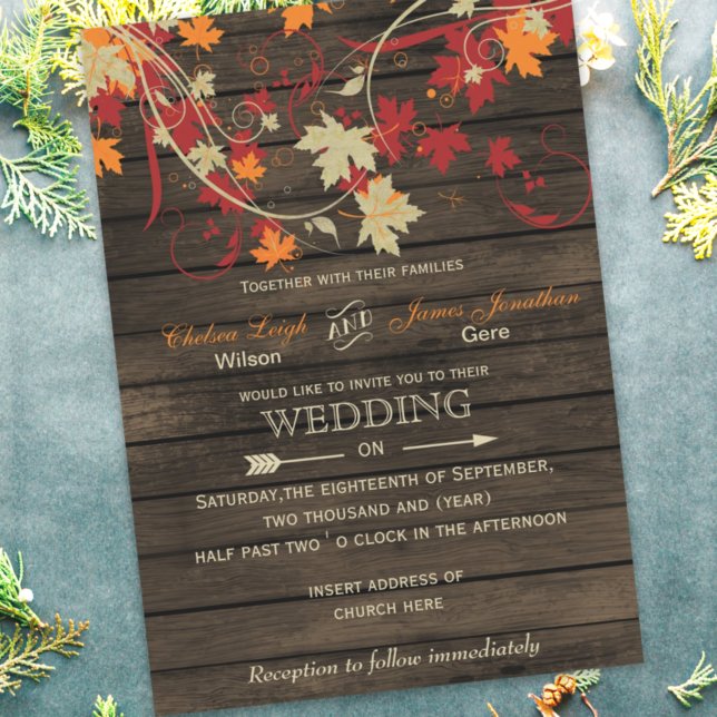 Barn Wood Rustic Fall Leaves Wedding invitations (Creator Uploaded)