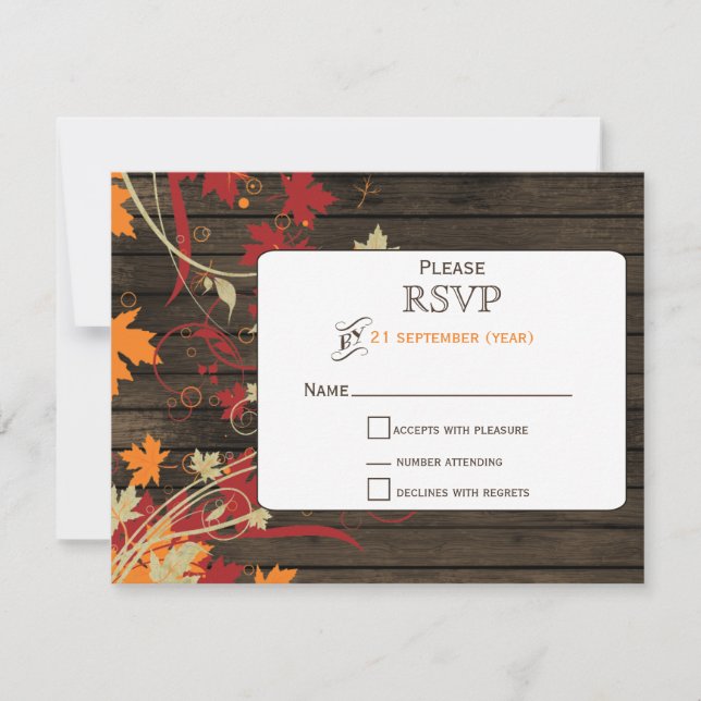 Barn Wood Rustic Fall Leaves Wedding rsvp Card (Front)