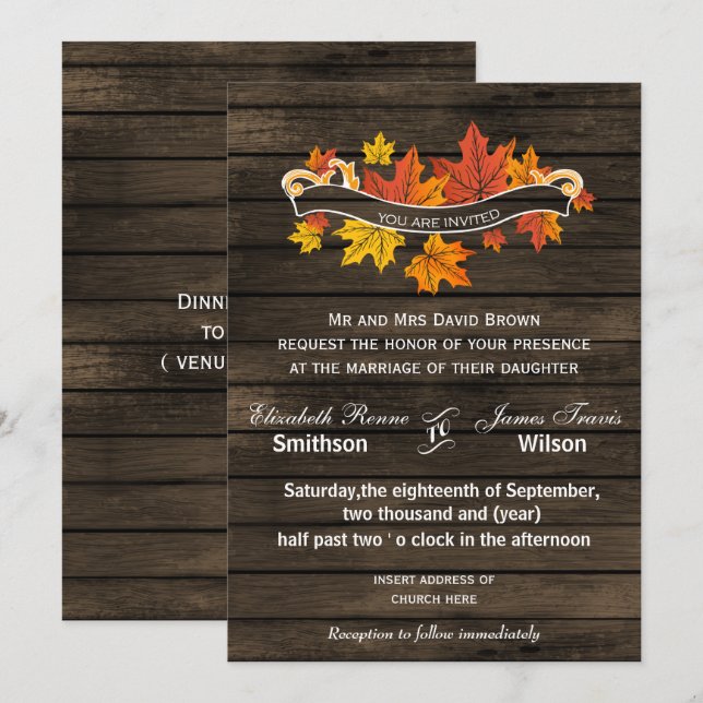 Barn wood Rustic Mariage de automne invitations (Devant / Derrière)