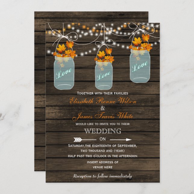 Barn wood Rustic mason jar Fall wedding invitation (Front/Back)