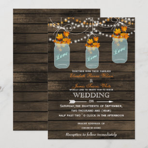 Barn wood Rustic mason jar Fall wedding invitation