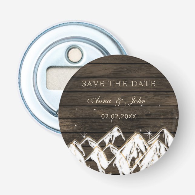 Barn wood Rustic Mountains Save the  Date Bottle Opener (Front)