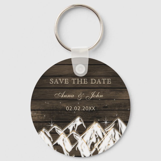 Barn wood Rustic Mountains Save the  Date Keychain (Front)
