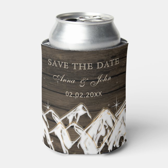 Barn wood Rustic Mountains Save the  Date Photo Can Cooler (Can Front)
