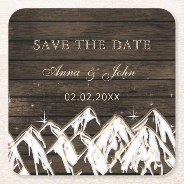 Barn wood Rustic Mountains Save the  Date Square Paper Coaster (Front)