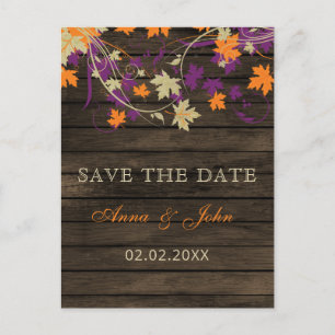 Barn Wood Rustic Plum Fall Leaves Save The Date Announcement Postcard