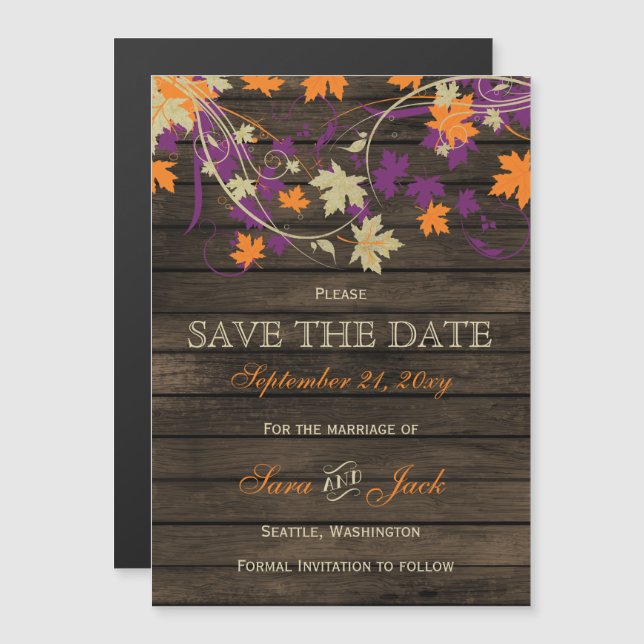Barn wood Rustic plum fall leaves save the date Magnetic Invitation (Front/Back)