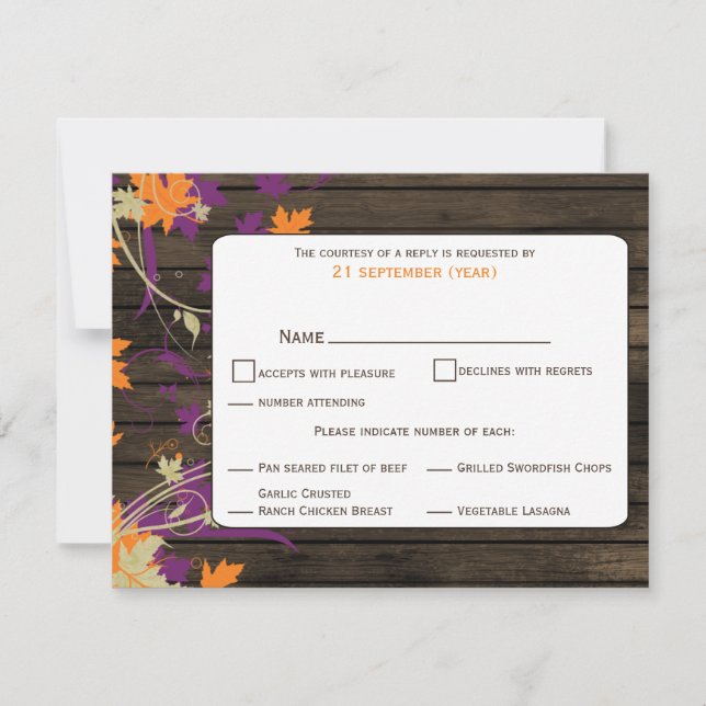 Barn wood Rustic plum leaves fall wedding RSVP Card (Front)