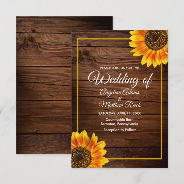 Barn Wood + Rustic Sunflower Wedding Invitation (Front/Back)