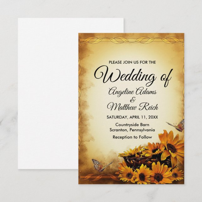 Barn Wood + Rustic Sunflower Wedding Invitation (Front/Back)