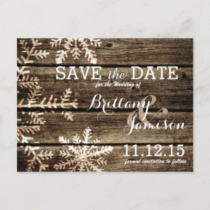 Barn Wood Snowflakes Rustic Winter Save the Date Announcement Postcard