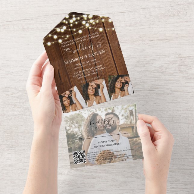 Barn Wood String Lights 4 Photo QR Code Wedding All In One Invitation (Tearaway)