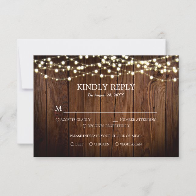 Barn Wood String Lights Rustic Wedding RSVP Card (Front)
