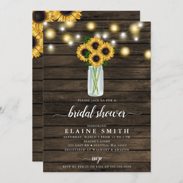 Barn Wood String Lights Sunflowers Bridal Shower   Invitation (Front/Back)
