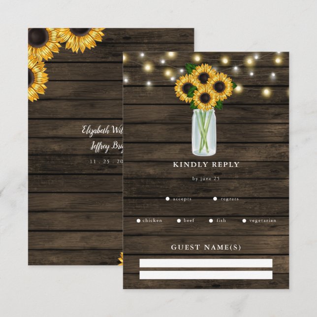 Barn Wood String Lights Sunflowers  RSVP Card (Front/Back)