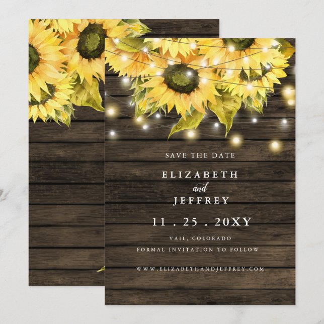 Barn Wood String Lights Sunflowers Save the Date A Announcement (Front/Back)